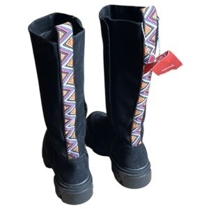FARM Rio Black Tall Hidden Zipper Boots with Boho Chevron Back Trim